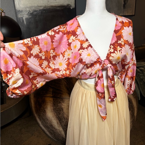 Lush Tops - Lush Floral Tie Front Long Sleeve Crop Top Small Boho Retro